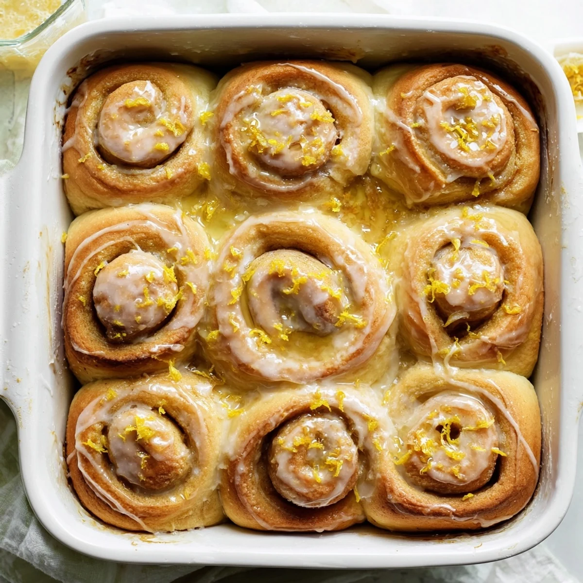 Freshly baked lemon rolls drizzled with tangy glaze on a rustic wooden board