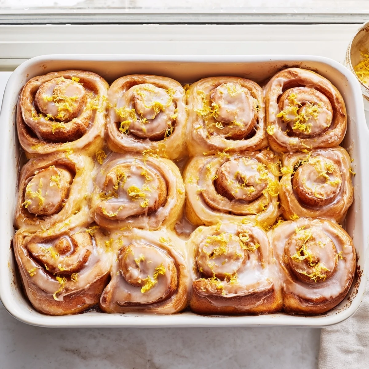 Golden lemon swirl rolls with sweet citrus filling and white lemon glaze topping