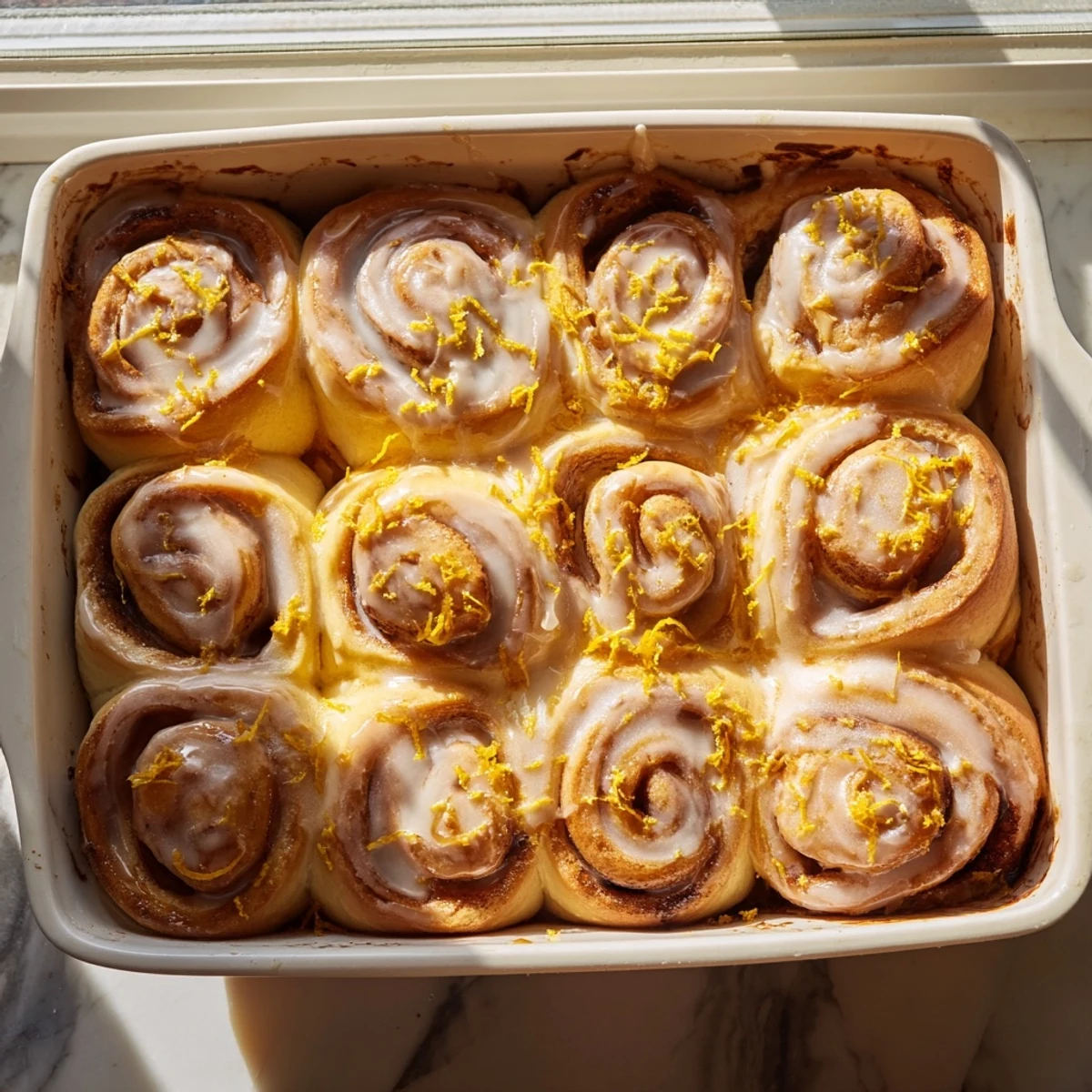 Soft lemon glazed rolls arranged in a baking dish with zest garnish