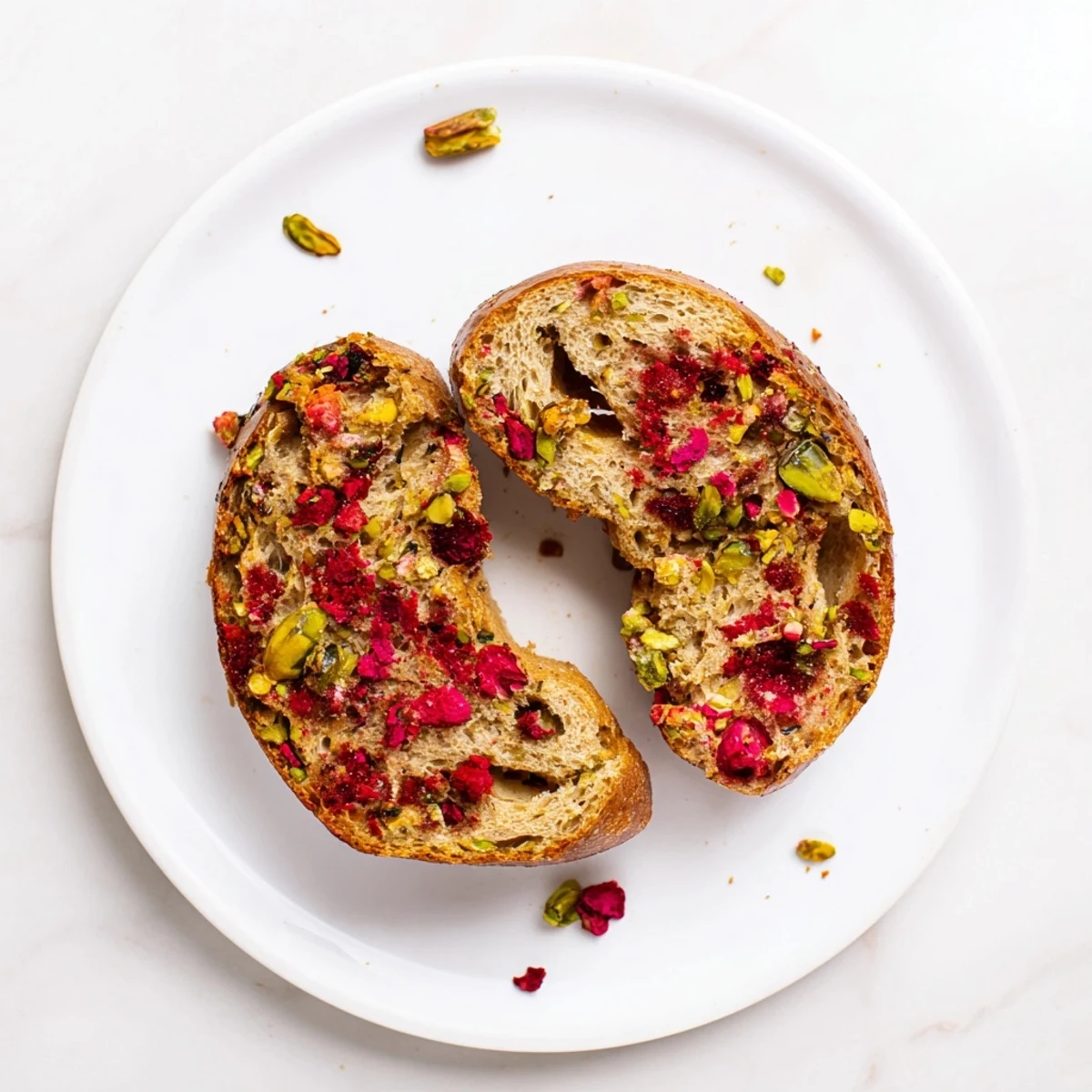 Golden brown sourdough bagels topped with vibrant red raspberries and green chopped pistachios