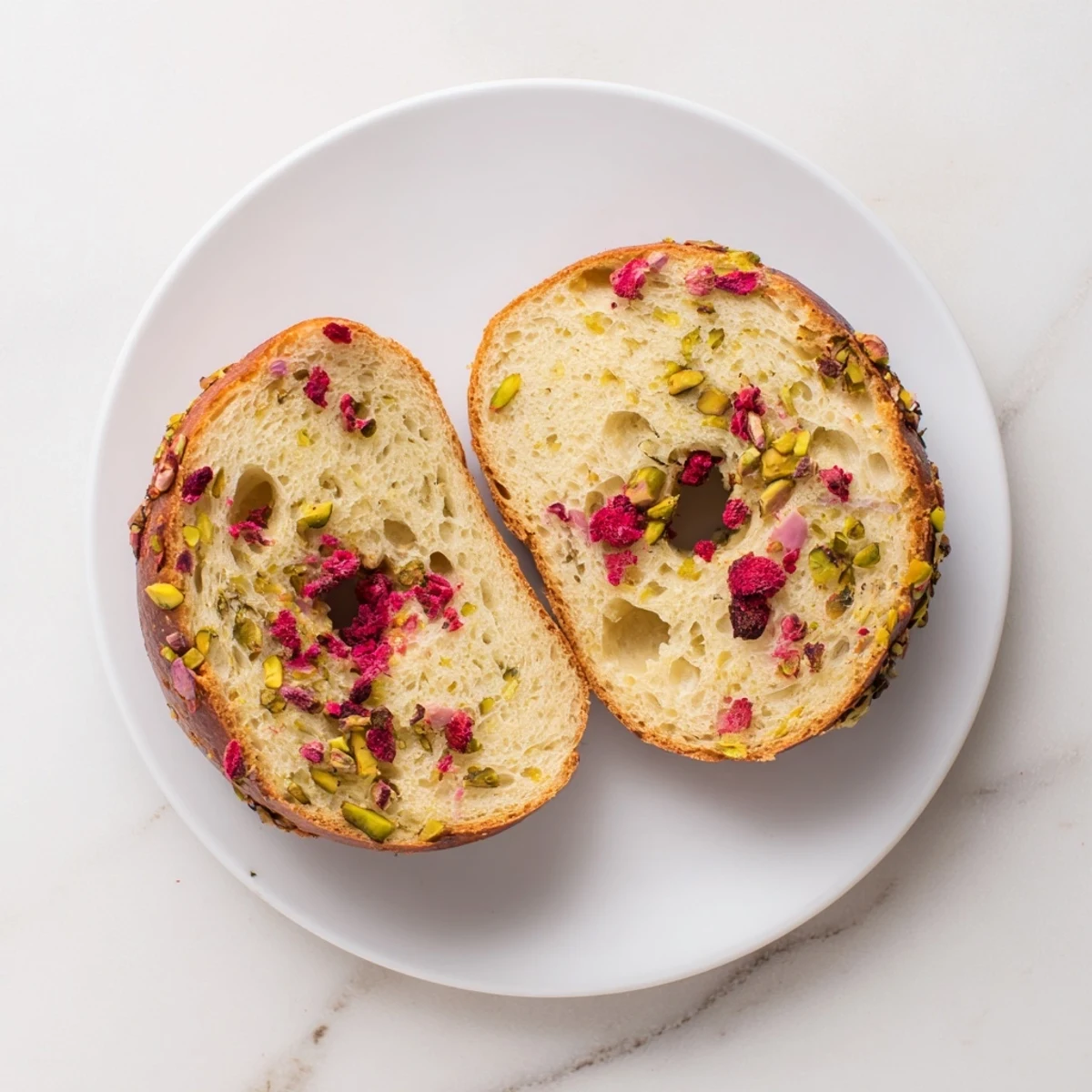 Freshly baked raspberry pistachio sourdough bagels stacked on a wire cooling rack