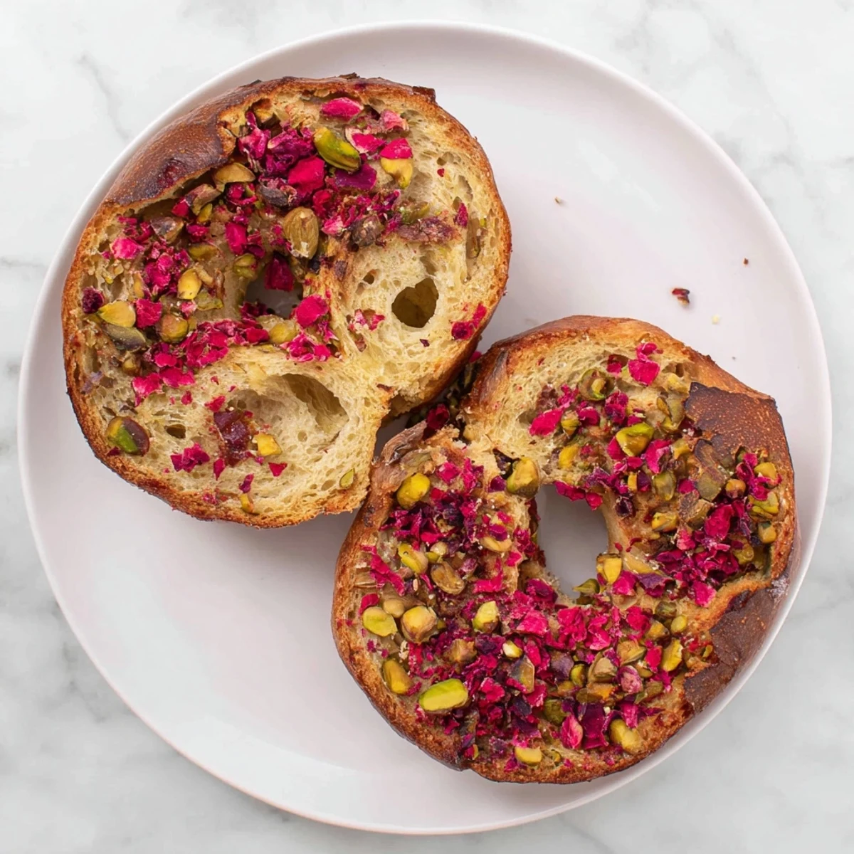 Chewy artisan bagels studded with pink raspberry pieces and crunchy nutty pistachio garnish