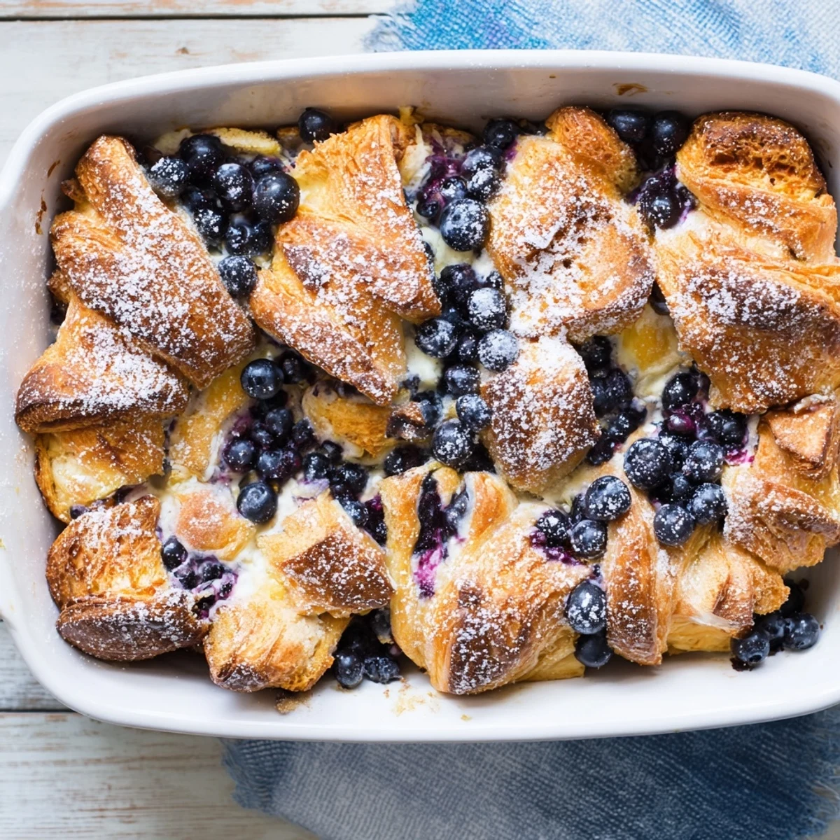 Golden blueberry cream cheese croissant casserole fresh from the oven with powdered sugar dusting