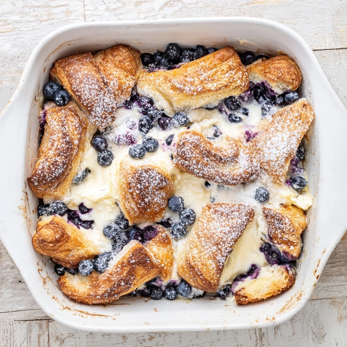 Sliced croissant breakfast bake with juicy blueberries and creamy cheese filling baked until golden brown