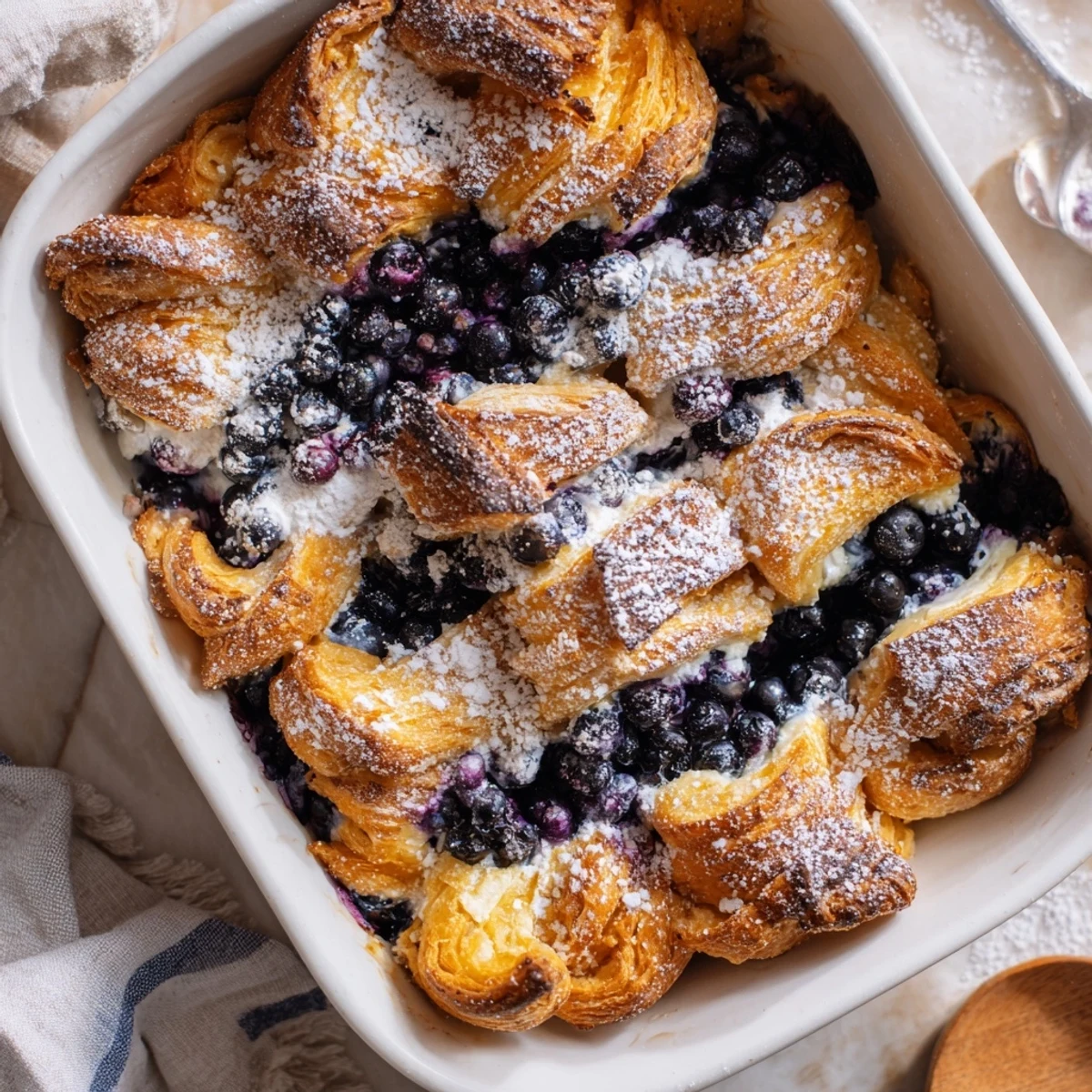 Buttery croissant pieces layered with tangy cream cheese and sweet blueberries in a breakfast casserole