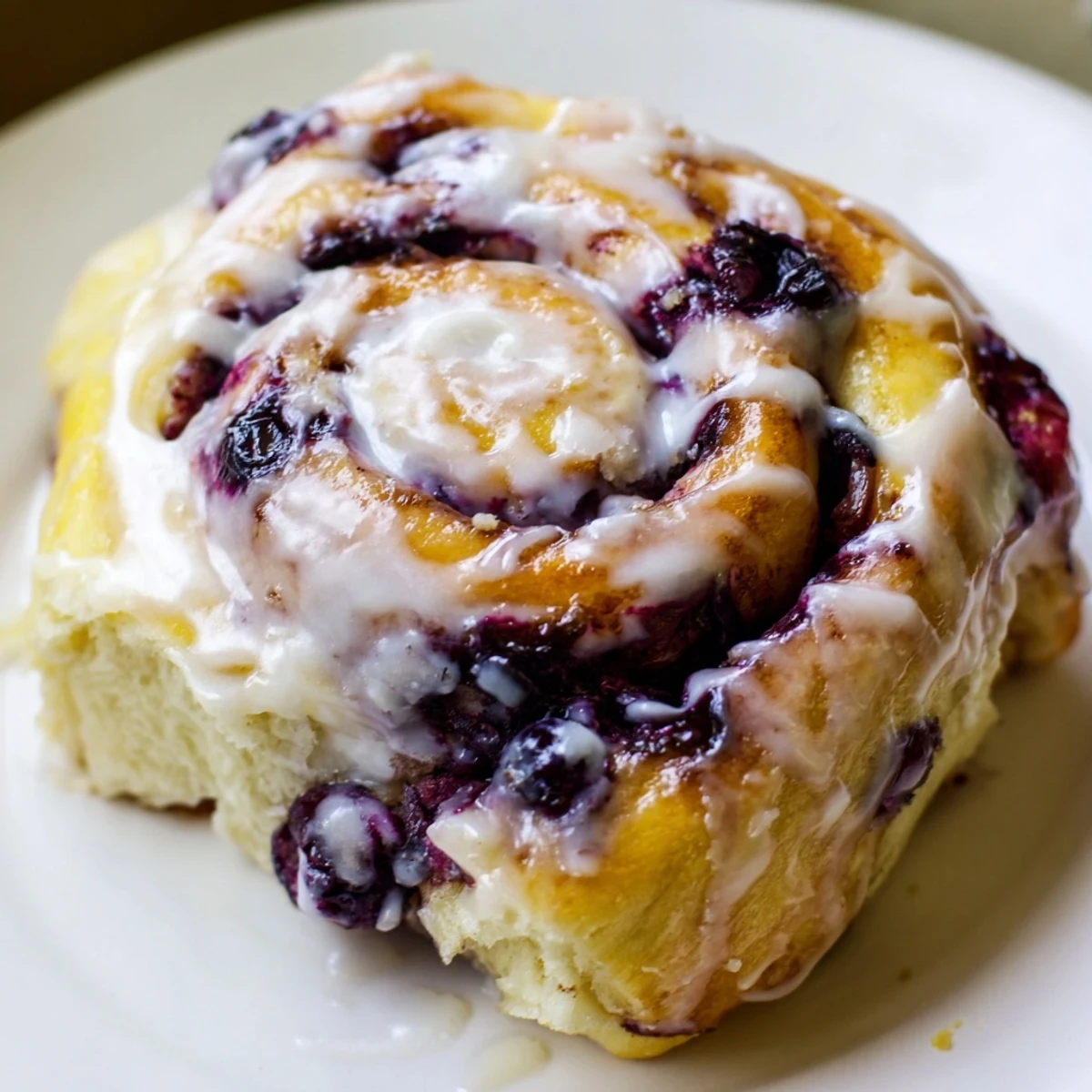 Soft golden lemon blueberry rolls drizzled with zesty glaze on a white plate