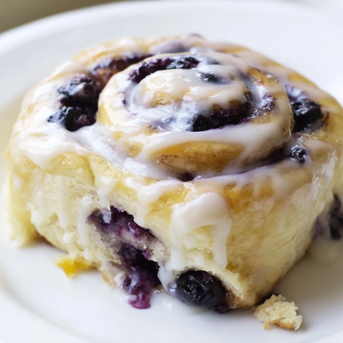 Fresh baked lemon blueberry rolls with sweet blueberry swirl and lemon glaze topping