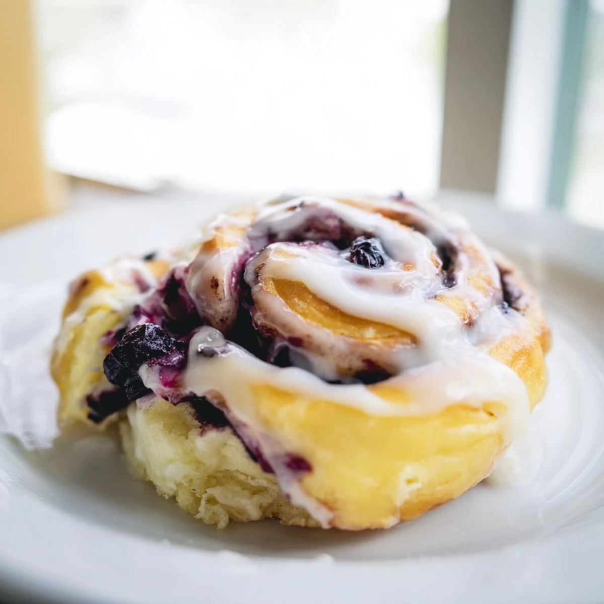 Fluffy breakfast pastry featuring tangy lemon and blueberry filling with white icing drips