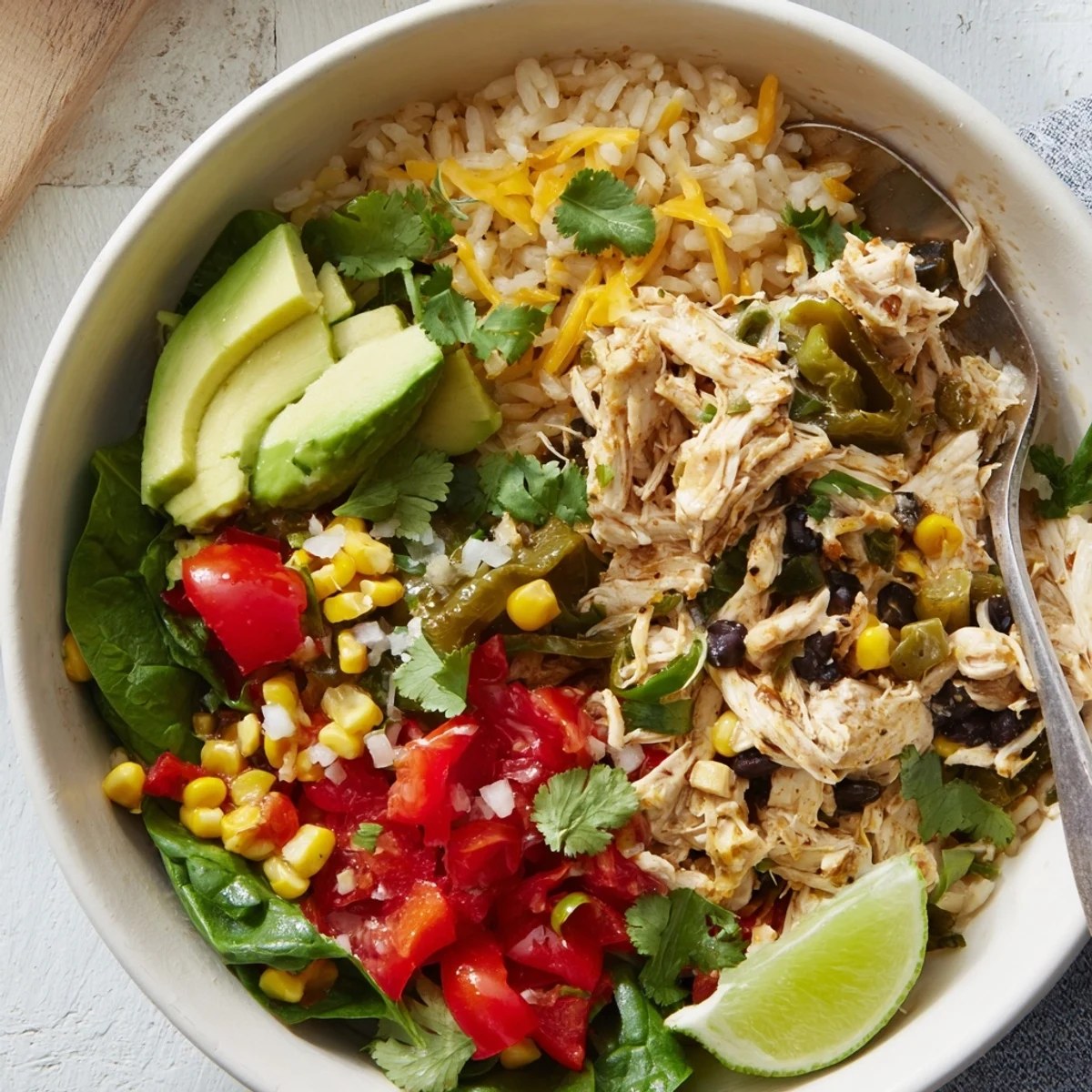 Steamy Southwest spice green chile bowl topped with avocado, cilantro and melted Monterey Jack cheese