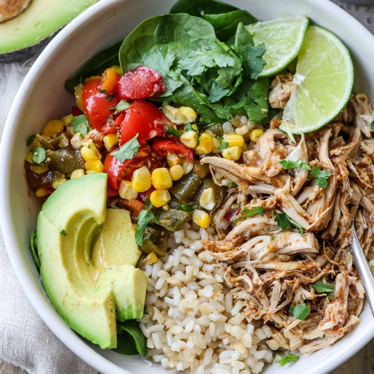 Hearty Southwest spice green chile bowl featuring tender chicken, roasted peppers and fluffy brown rice