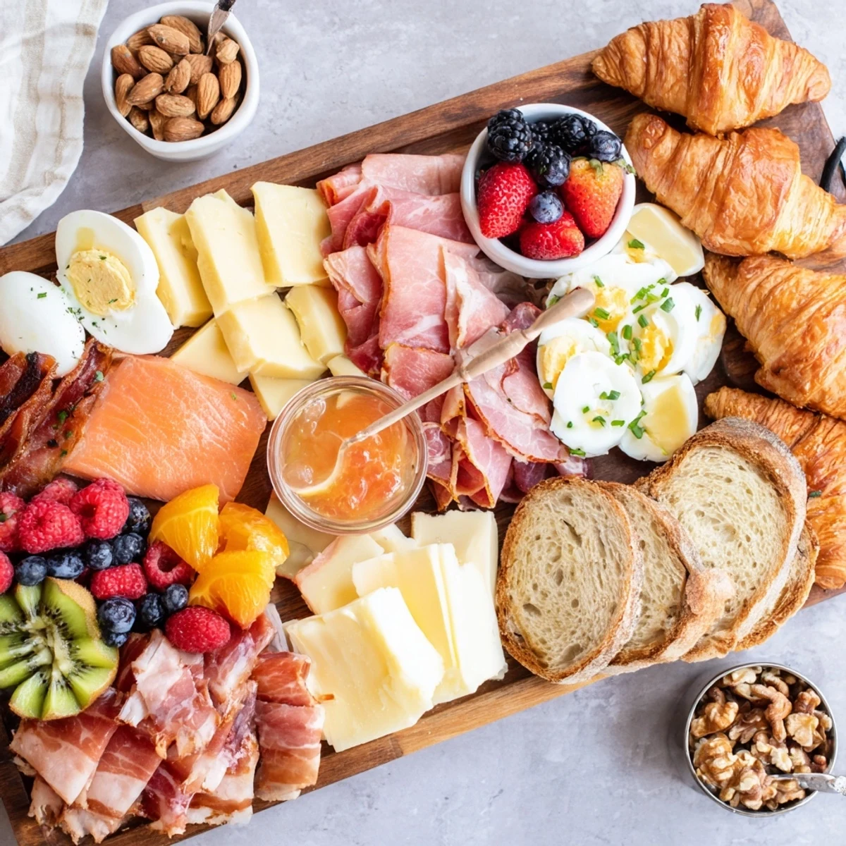 Crowd-pleasing breakfast charcuterie board featuring smoked salmon, cheeses, toast, fruits, and honey on a wooden platter