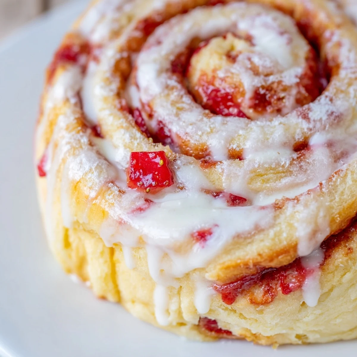 Golden Strawberry Shortcake Cheesecake Rolls drizzled with sweet vanilla glaze on a white plate