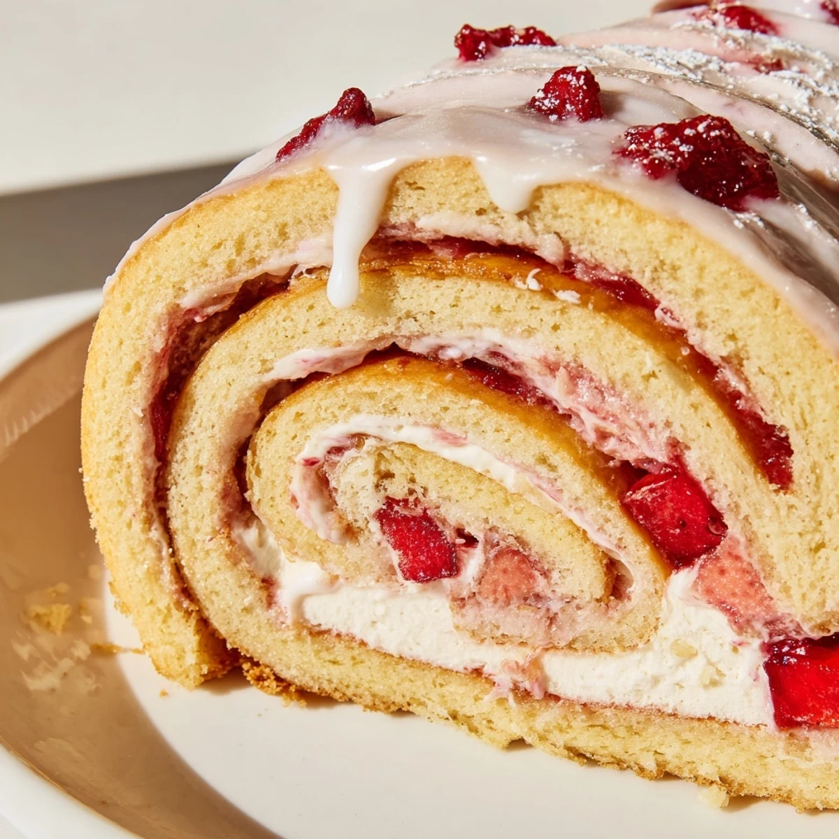 Soft, swirled Strawberry Shortcake Cheesecake Rolls with creamy filling and bright red fresh strawberries