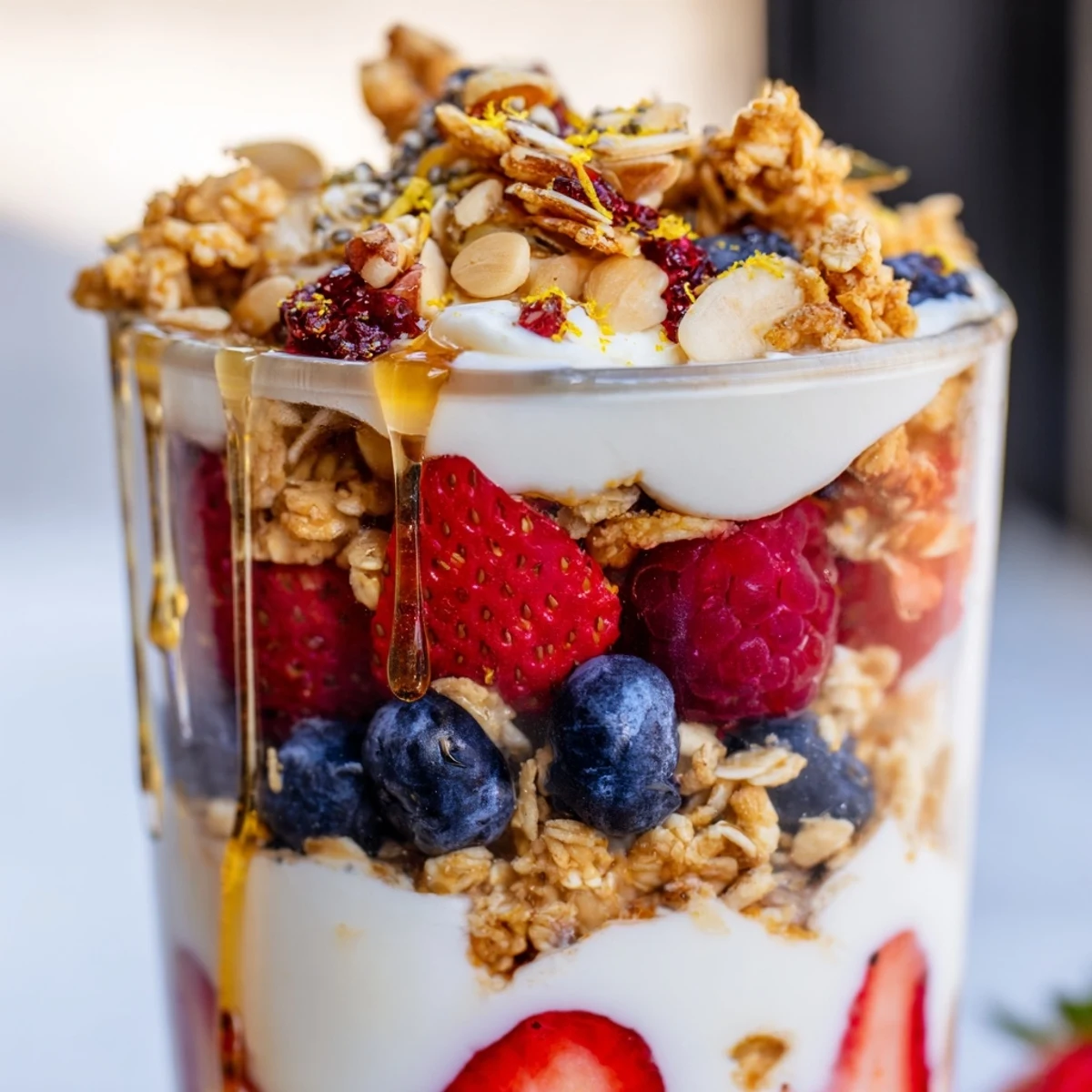Creamy Greek yogurt parfait layered with fresh berries and crunchy granola in a glass