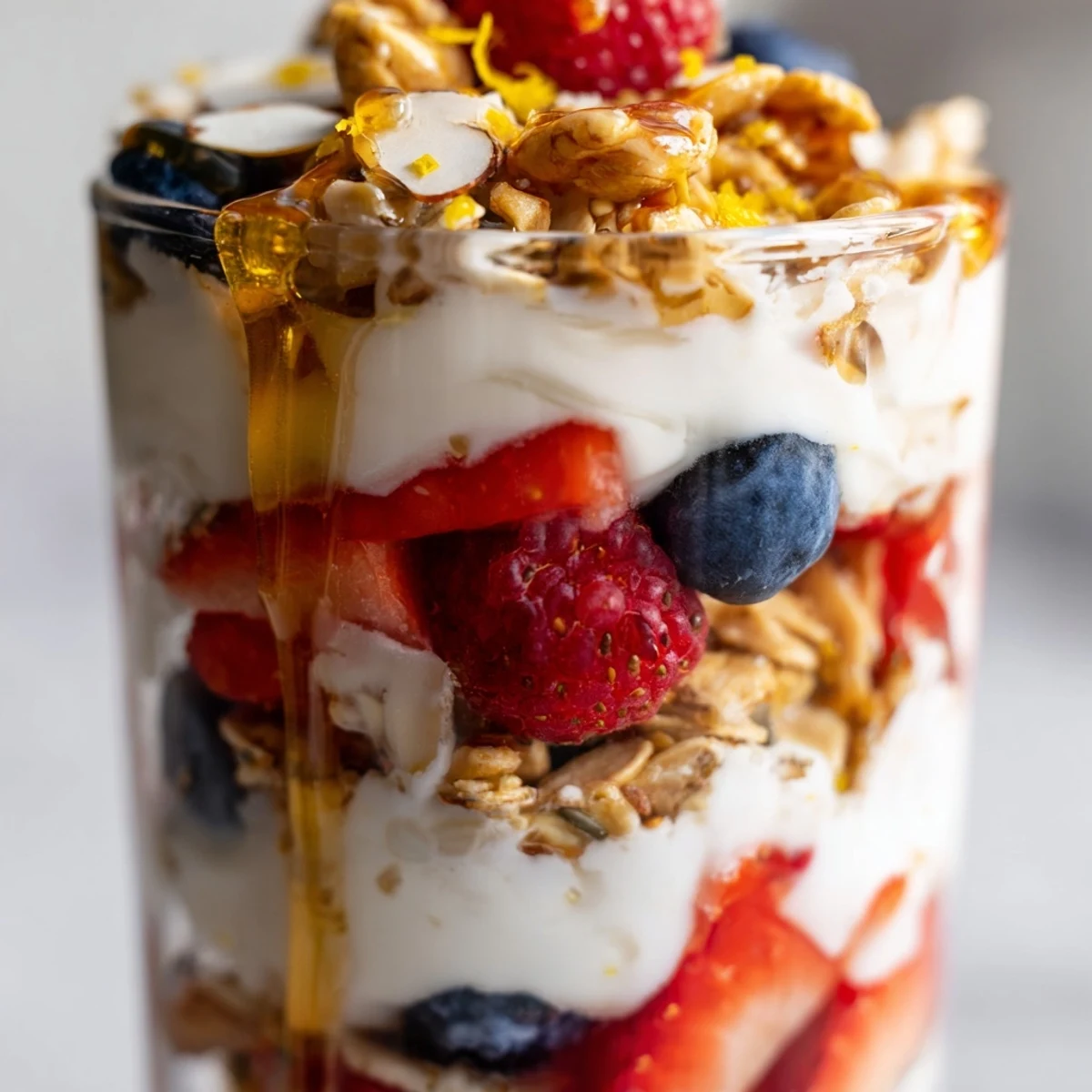 Greek yogurt parfait topped with vibrant mixed berries and golden oat granola