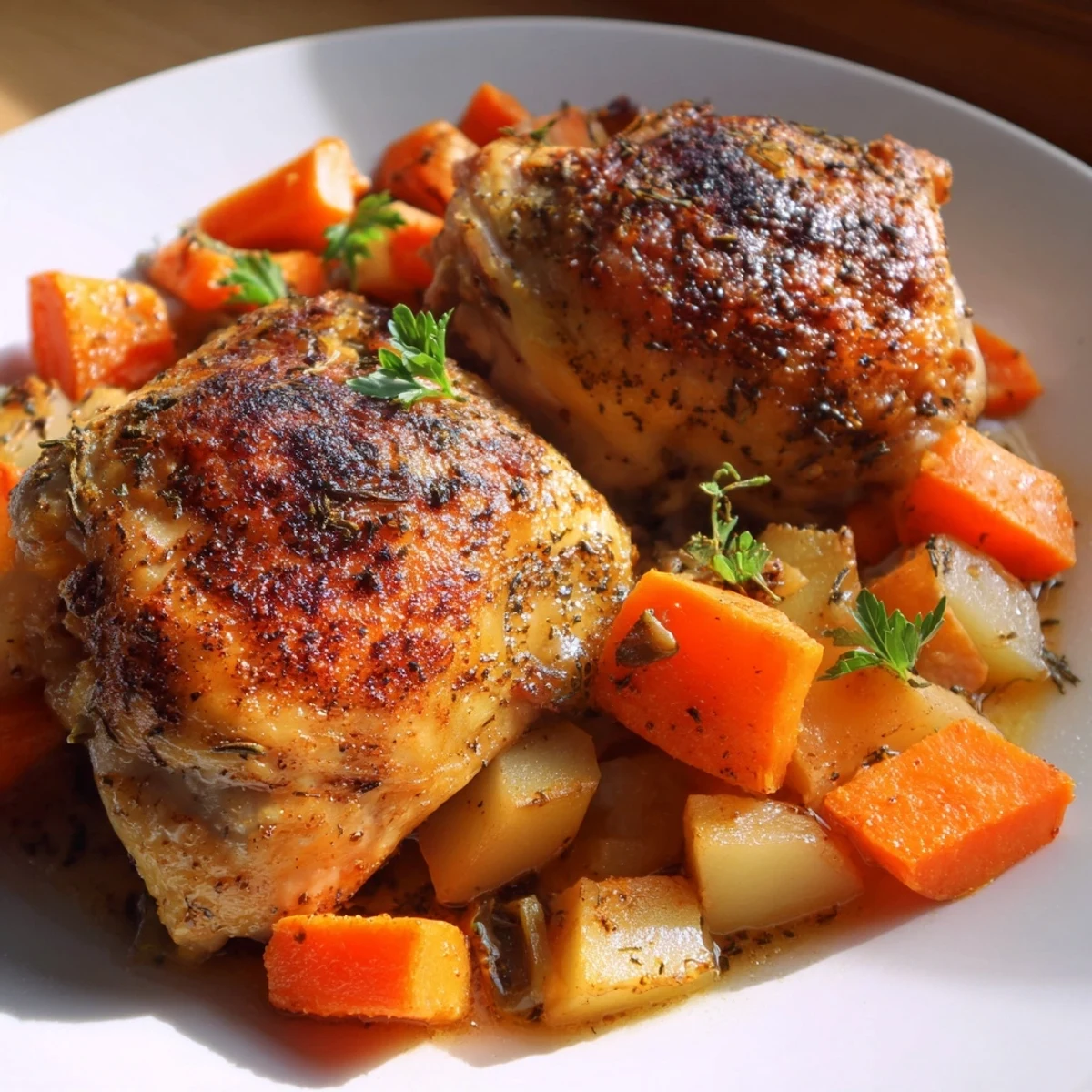 Slow Cooker Chicken Dinner with tender vegetables in savory herb sauce