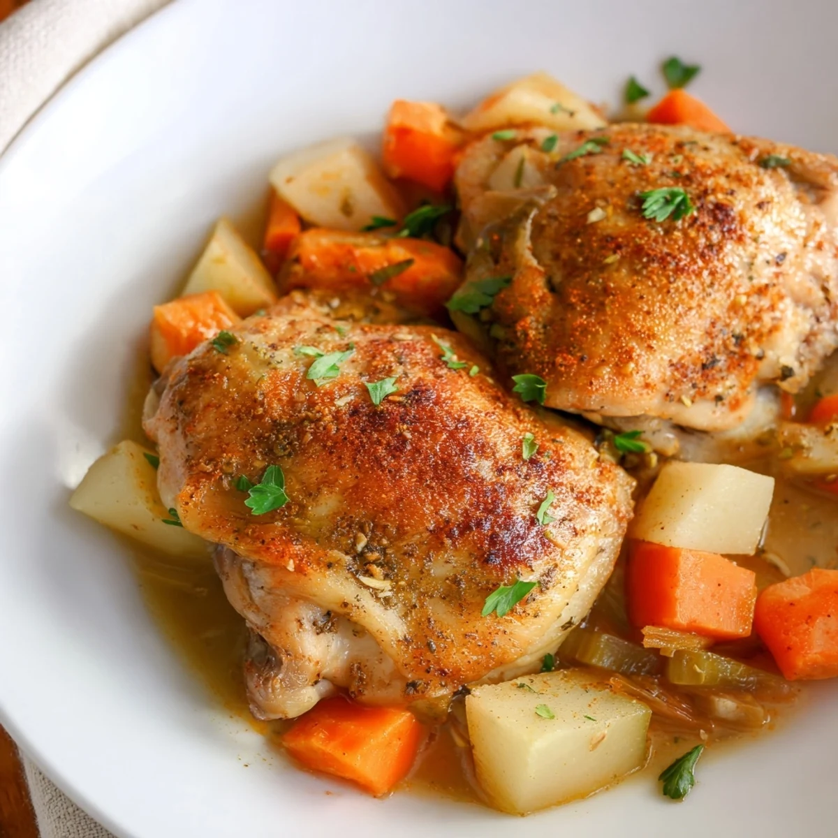 Golden Slow Cooker Chicken Dinner served over carrots potatoes and celery