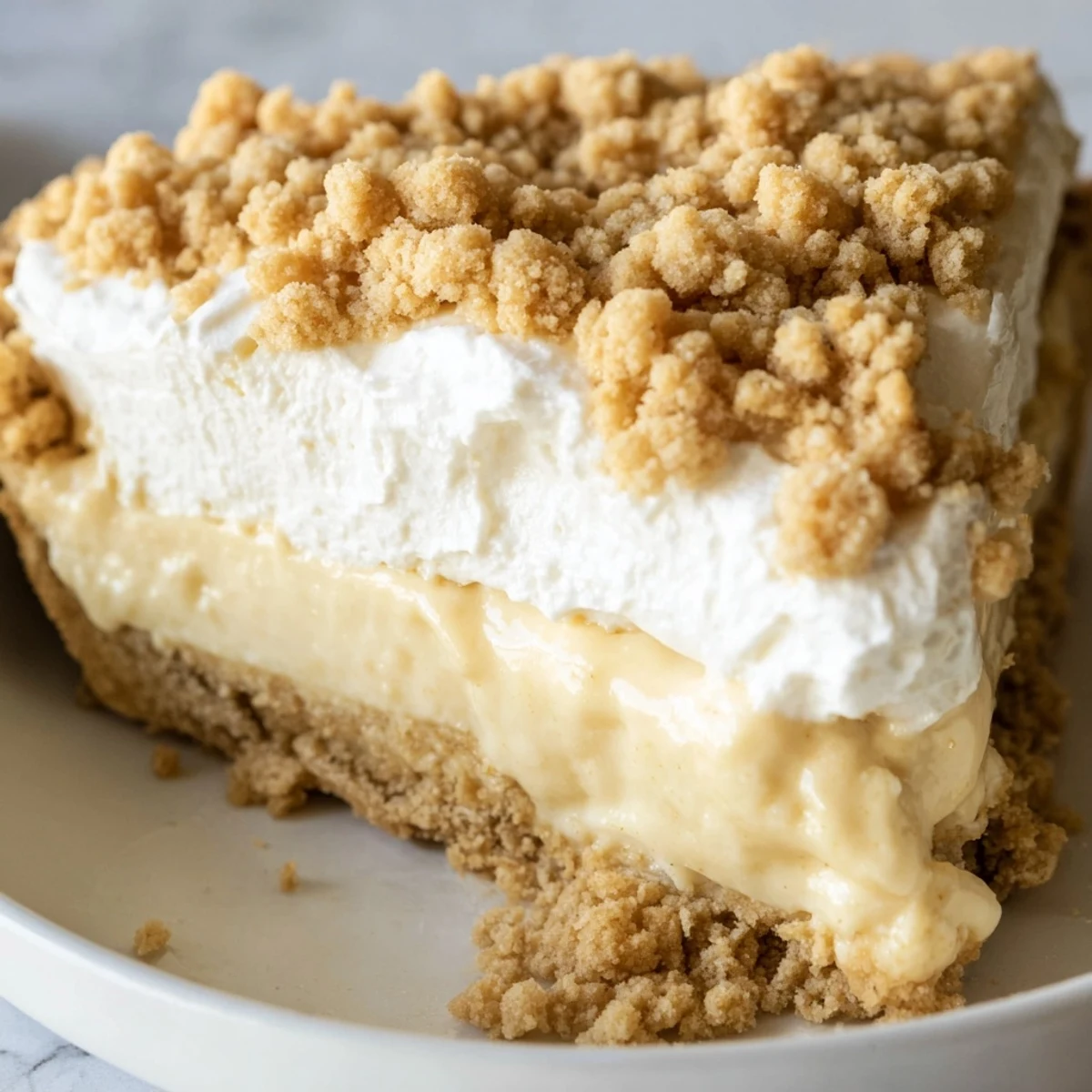 Creamy Old Fashioned Amish Peanut Butter Dream Pie topped with fluffy whipped cream and golden peanut butter crumbles