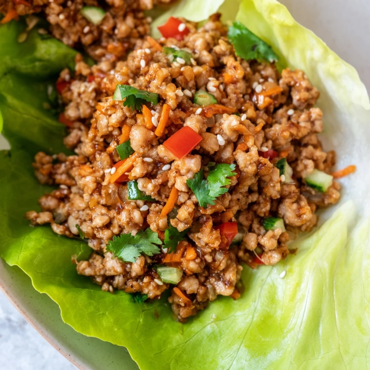 Seasoned ground turkey filling served in crisp lettuce cups with fresh vegetables and herbs