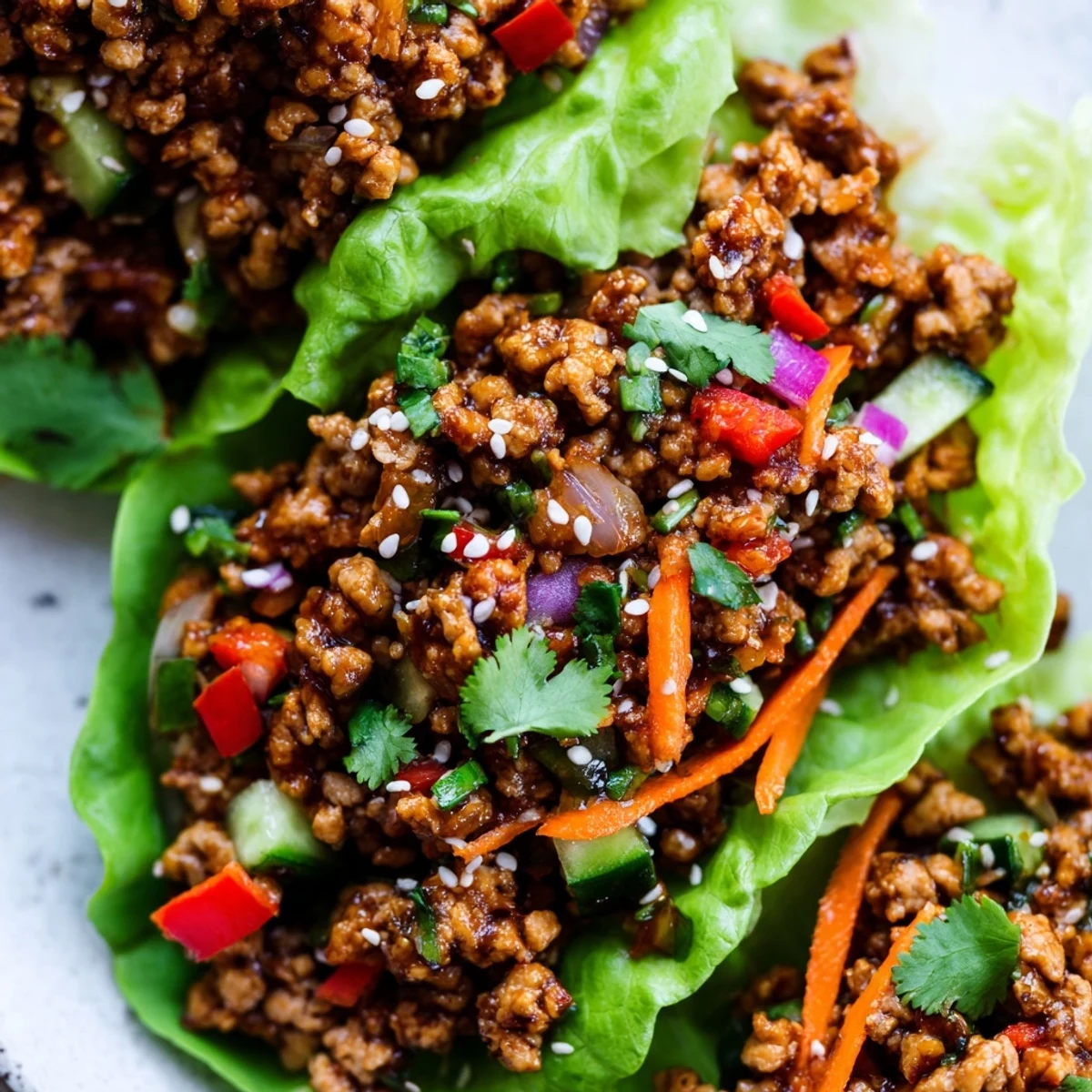 Healthy ground turkey lettuce wrap bowls topped with sesame seeds and lime wedges