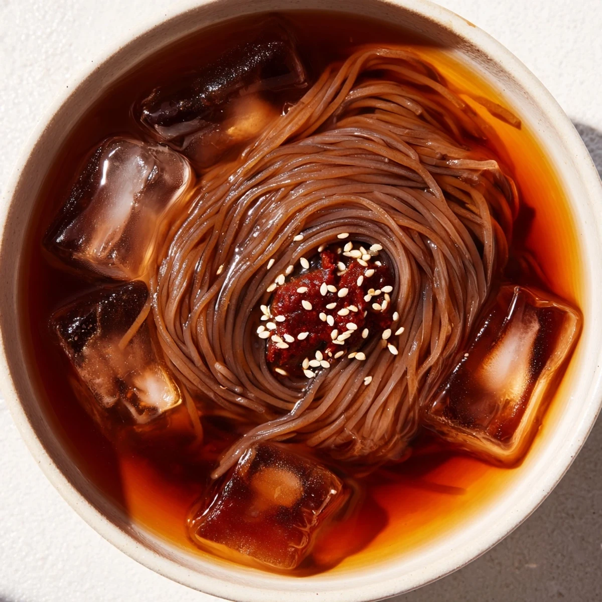 Chewy Korean naengmyeon noodles served in chilled tangy broth with crisp cucumber slices