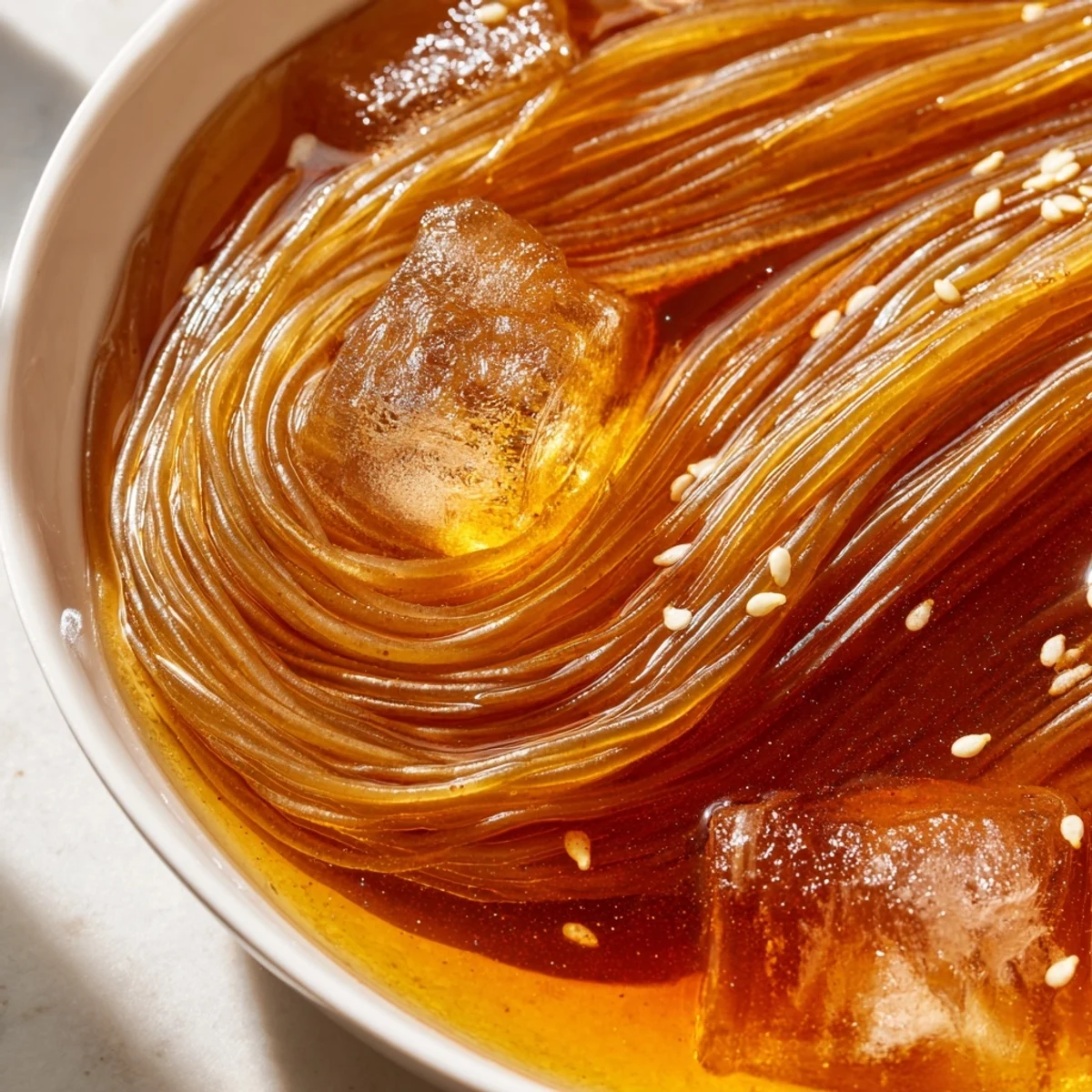 Cold Korean naengmyeon in icy savory broth topped with beef egg and Asian pear