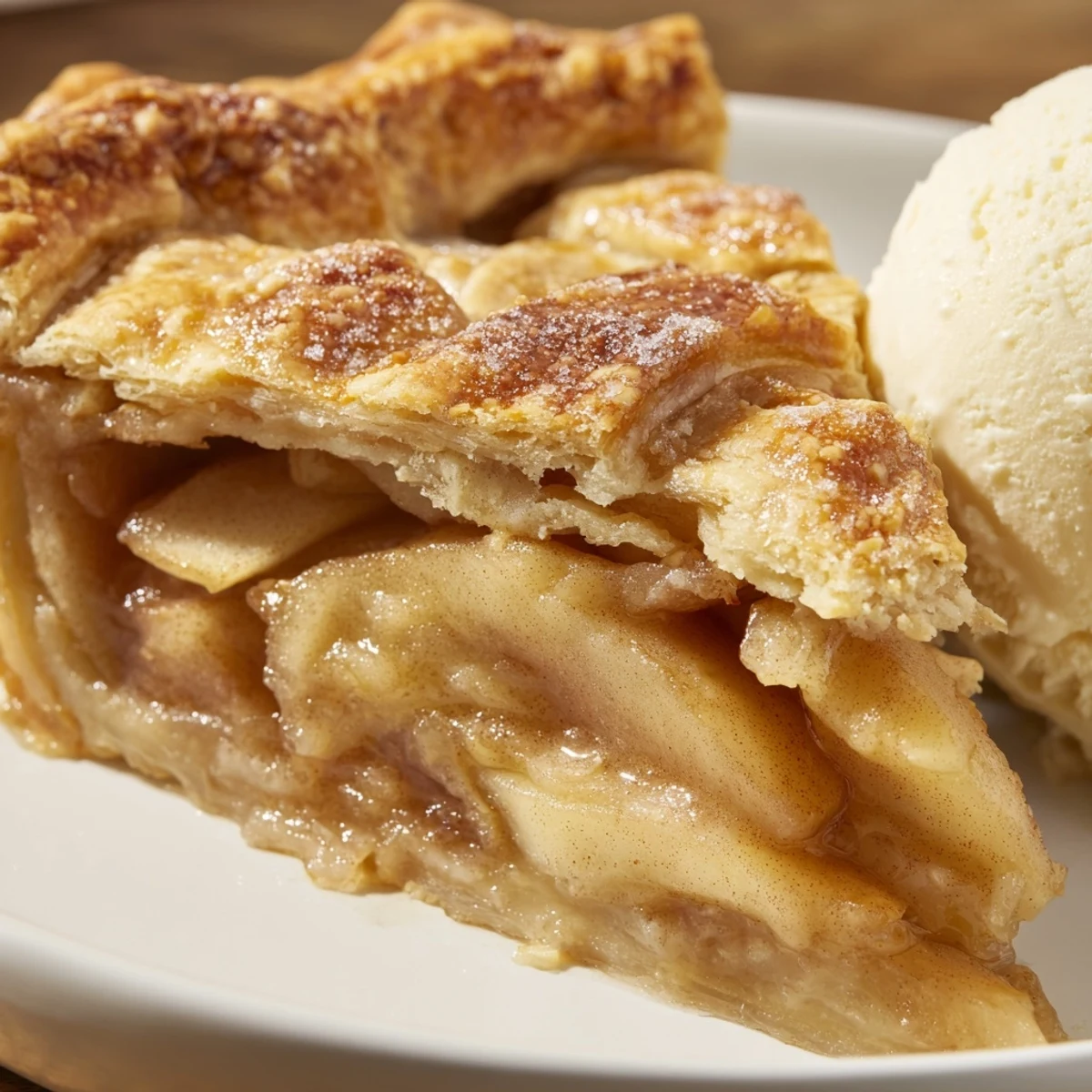 Golden homemade apple pie with cinnamon spiced filling served on a white ceramic plate