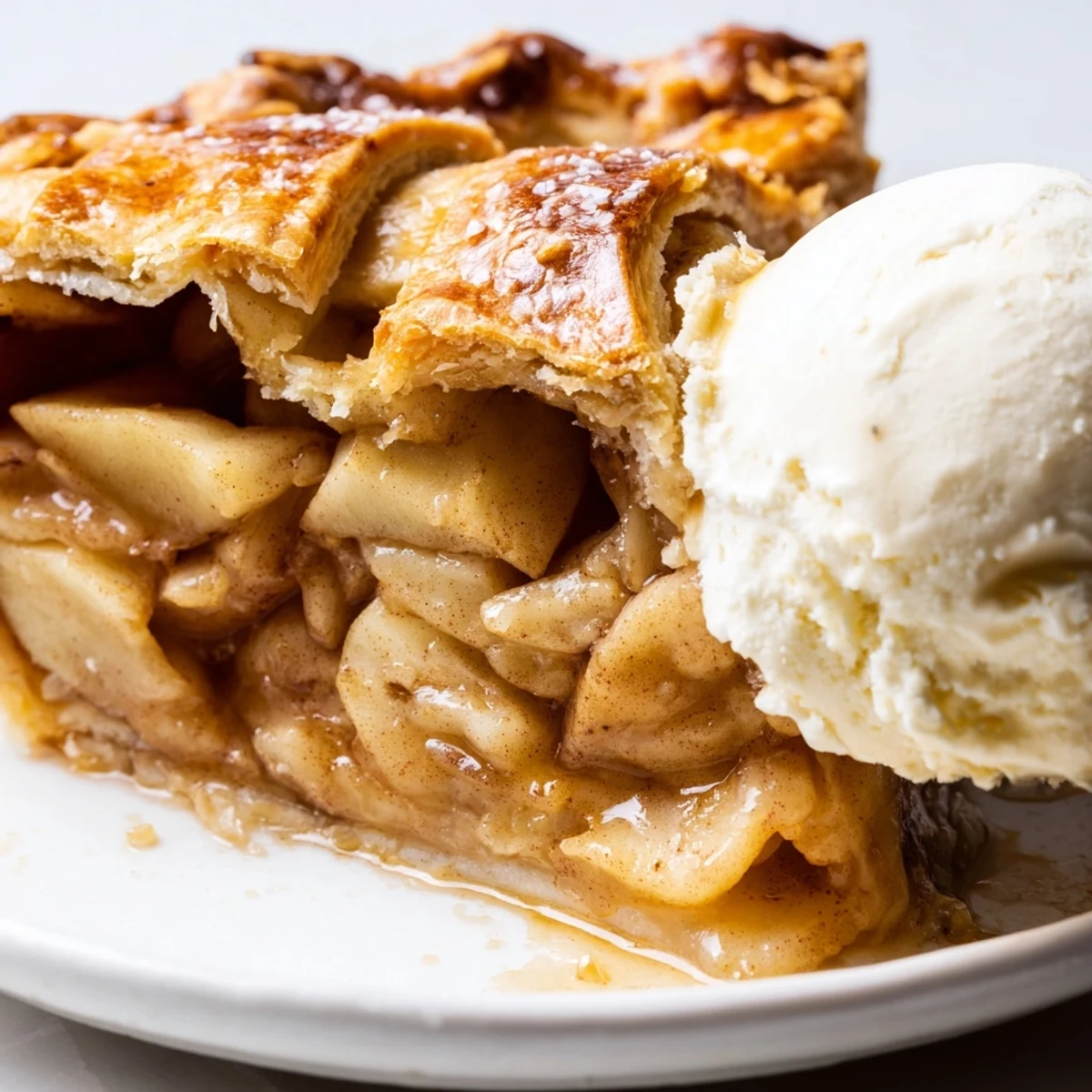 Warm slice of apple pie topped with melting vanilla ice cream and caramel drizzle