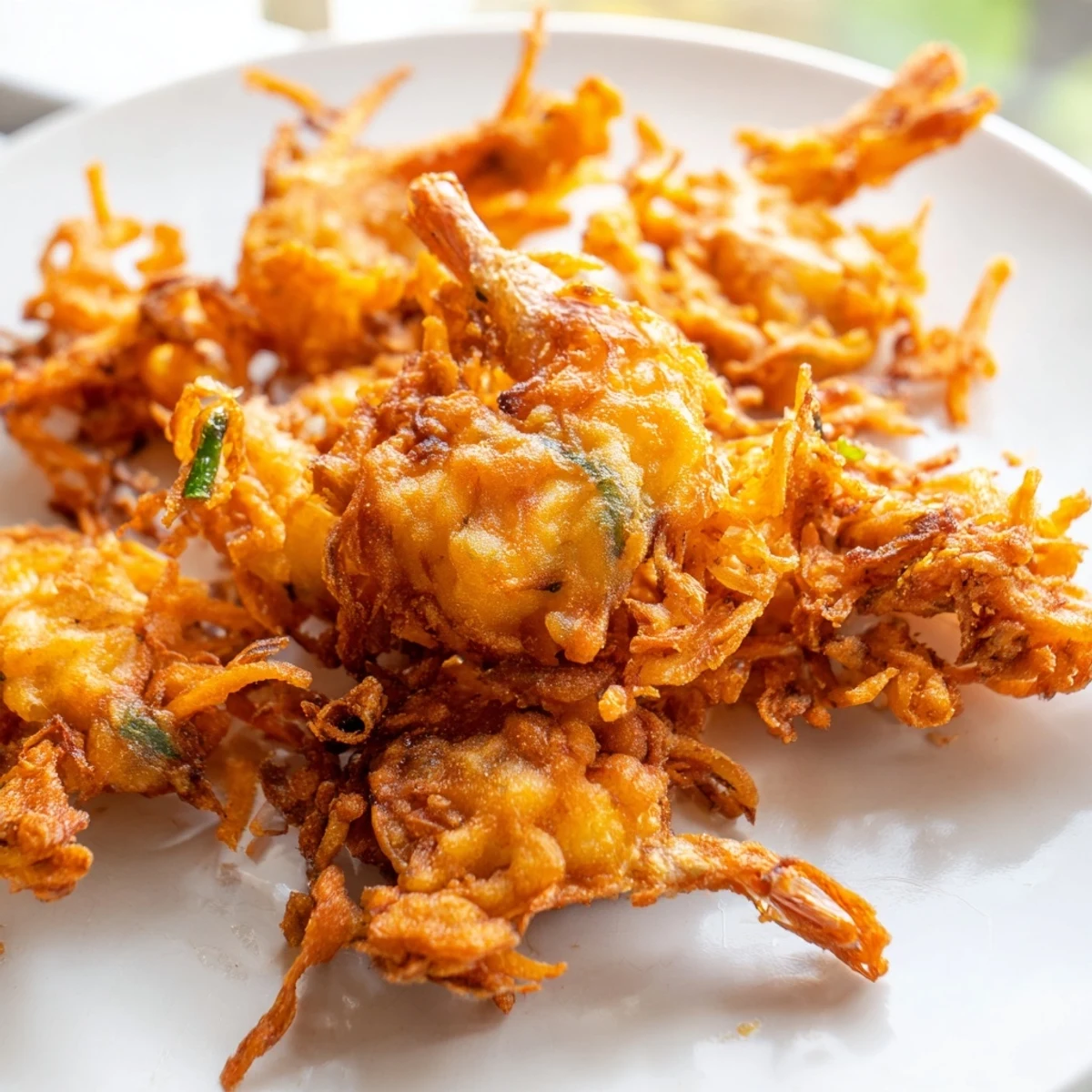 Ukoy Filipino shrimp fritters topped with bean sprouts and julienned vegetables in a crunchy golden fritter