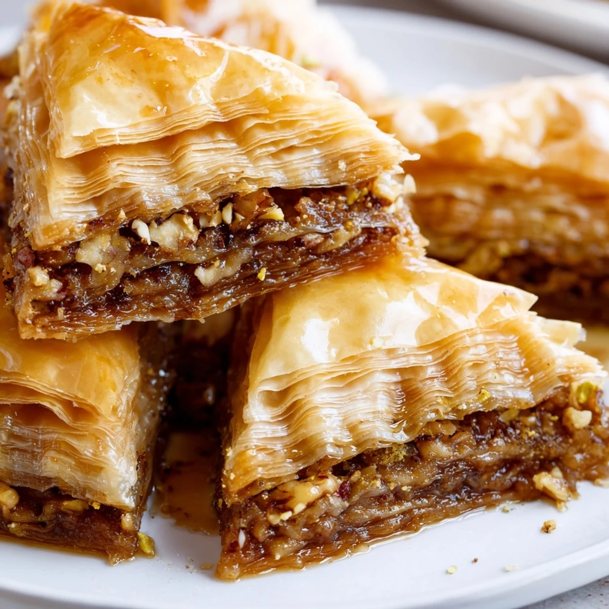 Golden Bosnian baklava diamonds glistening with sweet syrup on a white serving plate