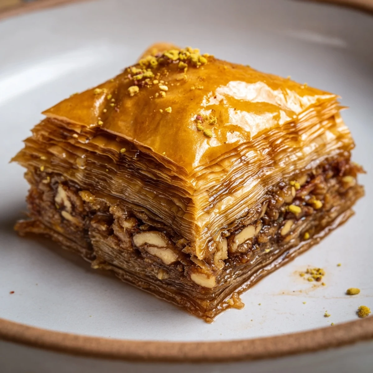 Crisp layered Bosnian baklava cut into pieces with spiced walnut filling visible