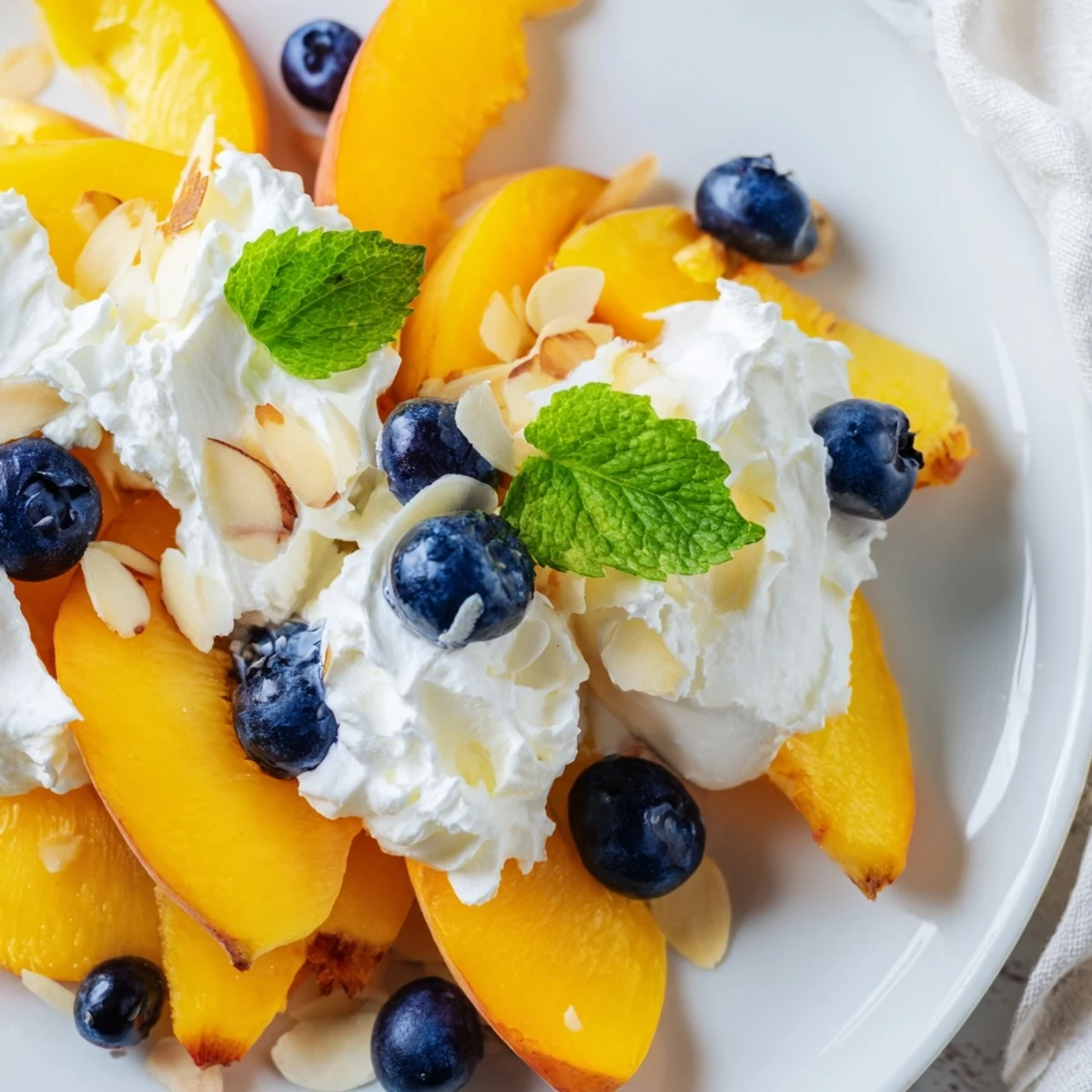 Creamy peaches and cream salad topped with fresh mint and sliced almonds in a glass bowl