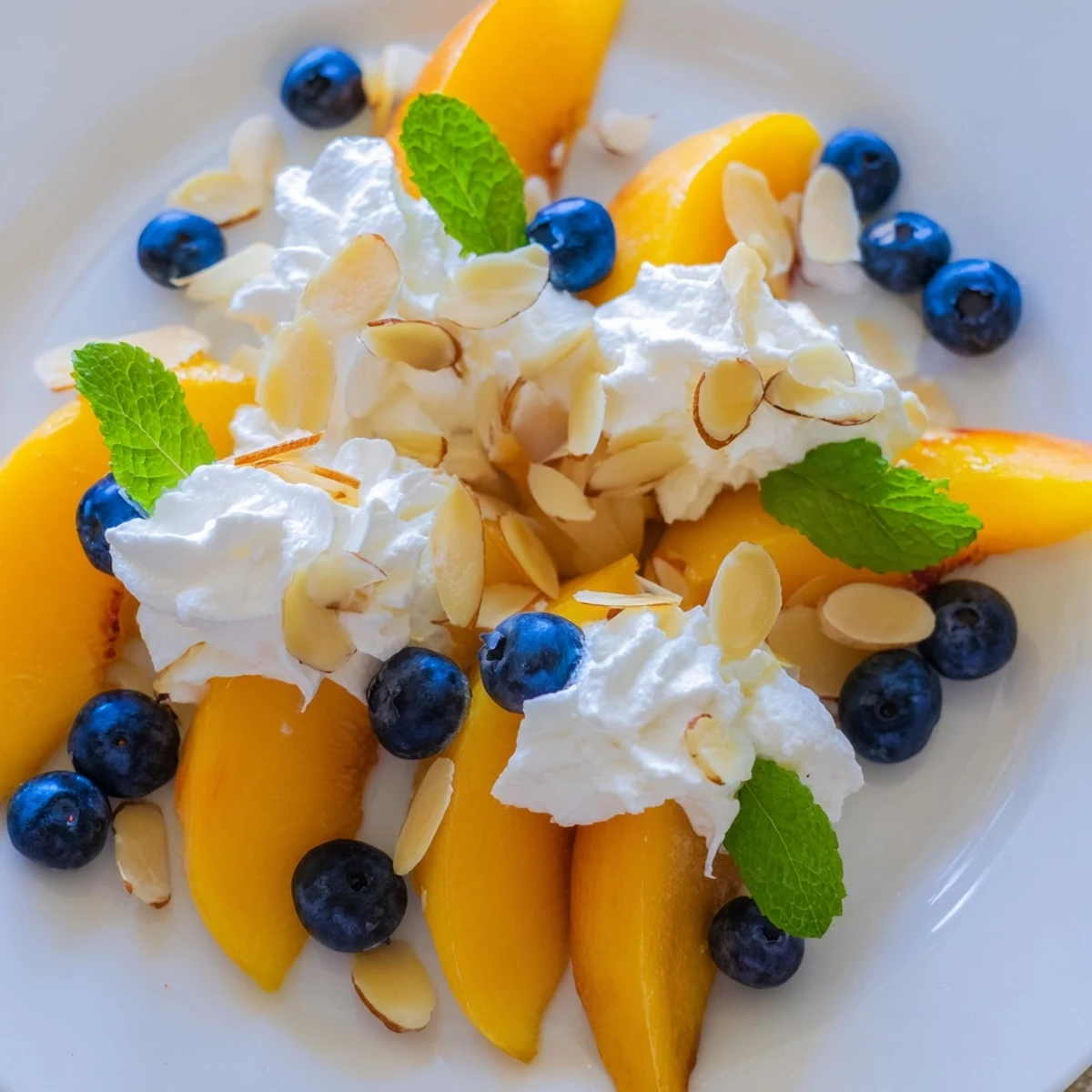 Sliced ripe peaches layered with fluffy whipped cream and blueberries in this summer dessert