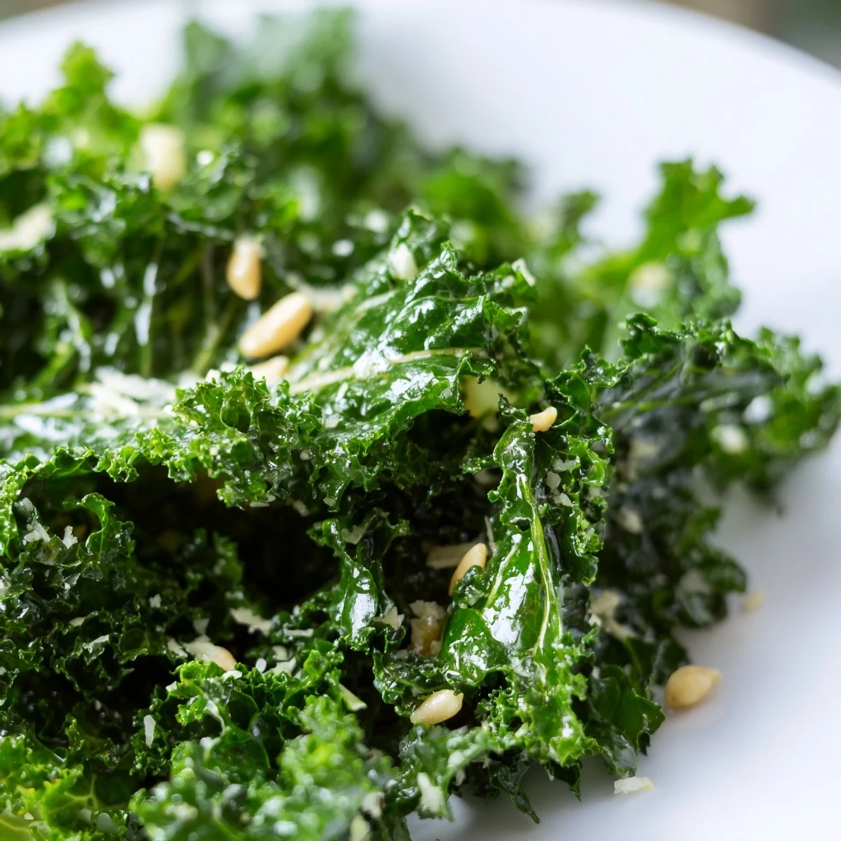 Bright green kale leaves glistening with zesty garlic lemon Parmesan salad dressing