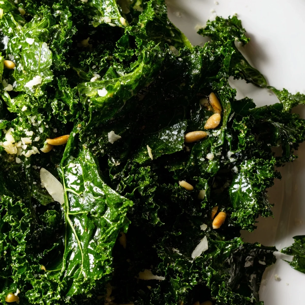 Garlic Lemon Parmesan Kale Salad in a rustic wooden bowl with shaved cheese and pine nuts
