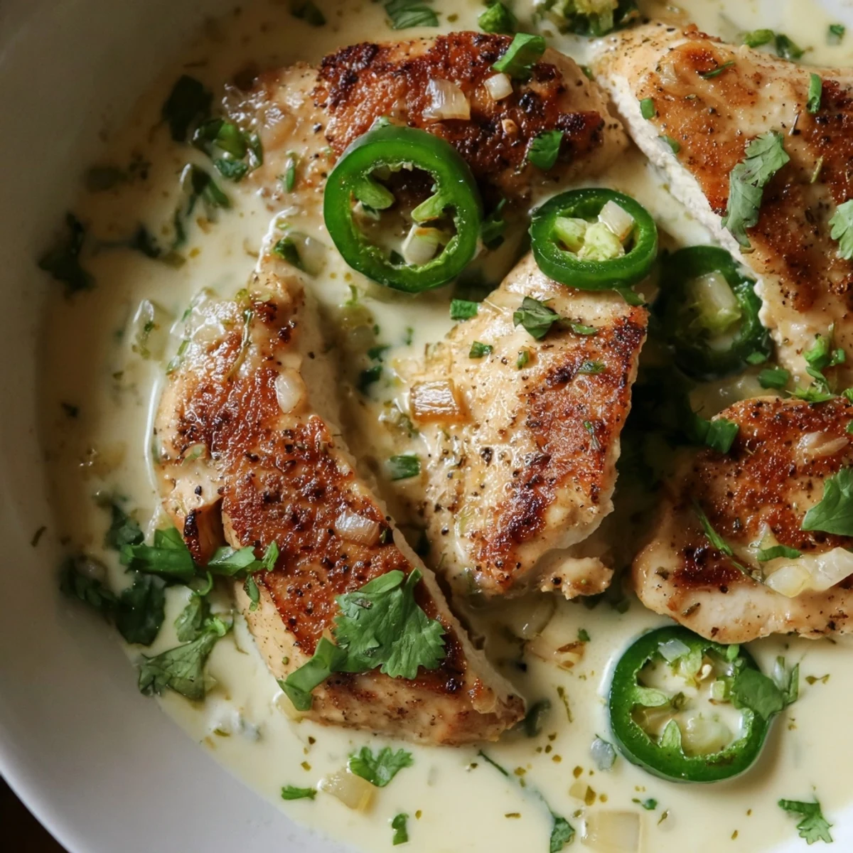 Creamy jalapeno chicken in golden skillet with melted Monterey Jack cheese sauce