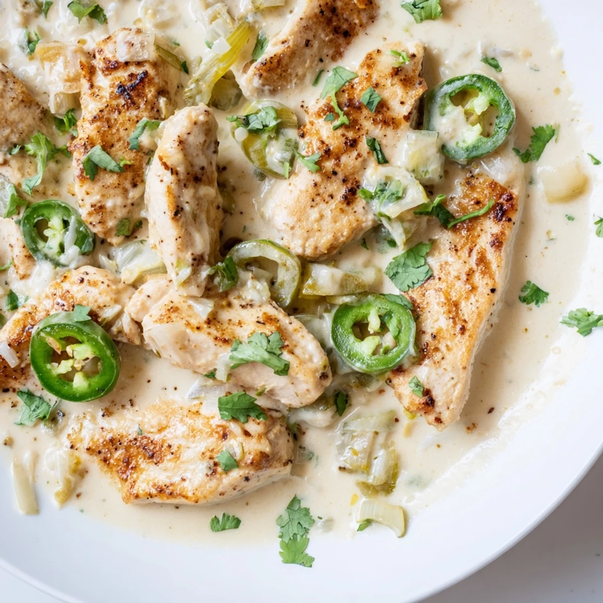 Jalapeno chicken breasts smothered in spicy cream sauce with fresh cilantro garnish