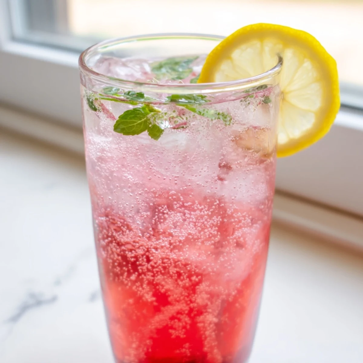A glass of honey lemon pink soda garnished with fresh mint and ice