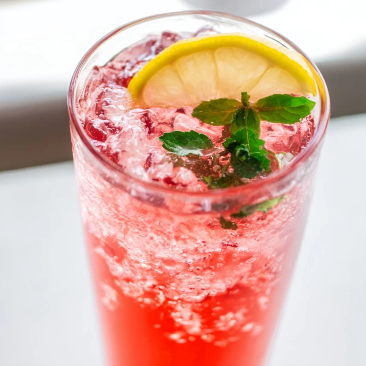 Refreshing honey lemon pink soda served over ice with bright lemon slices