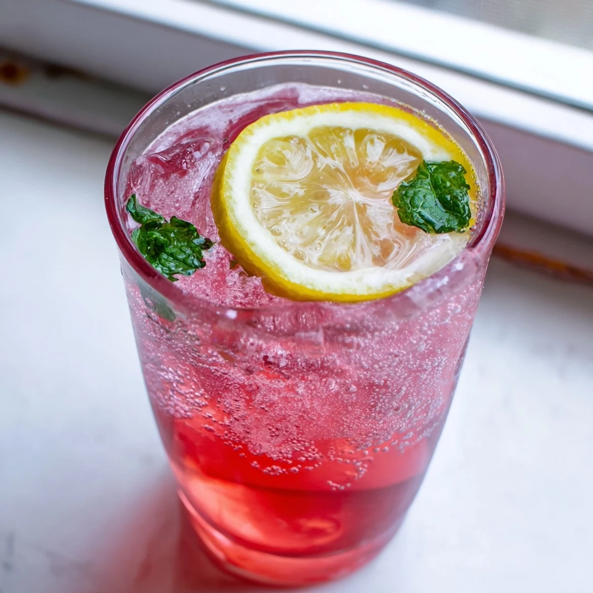 Sparkling honey lemon pink soda in a tall glass with cranberry color