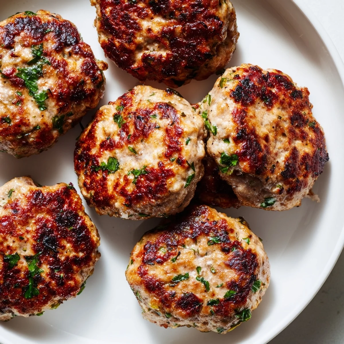 Golden brown ground turkey sausage patties sizzling in a cast iron skillet