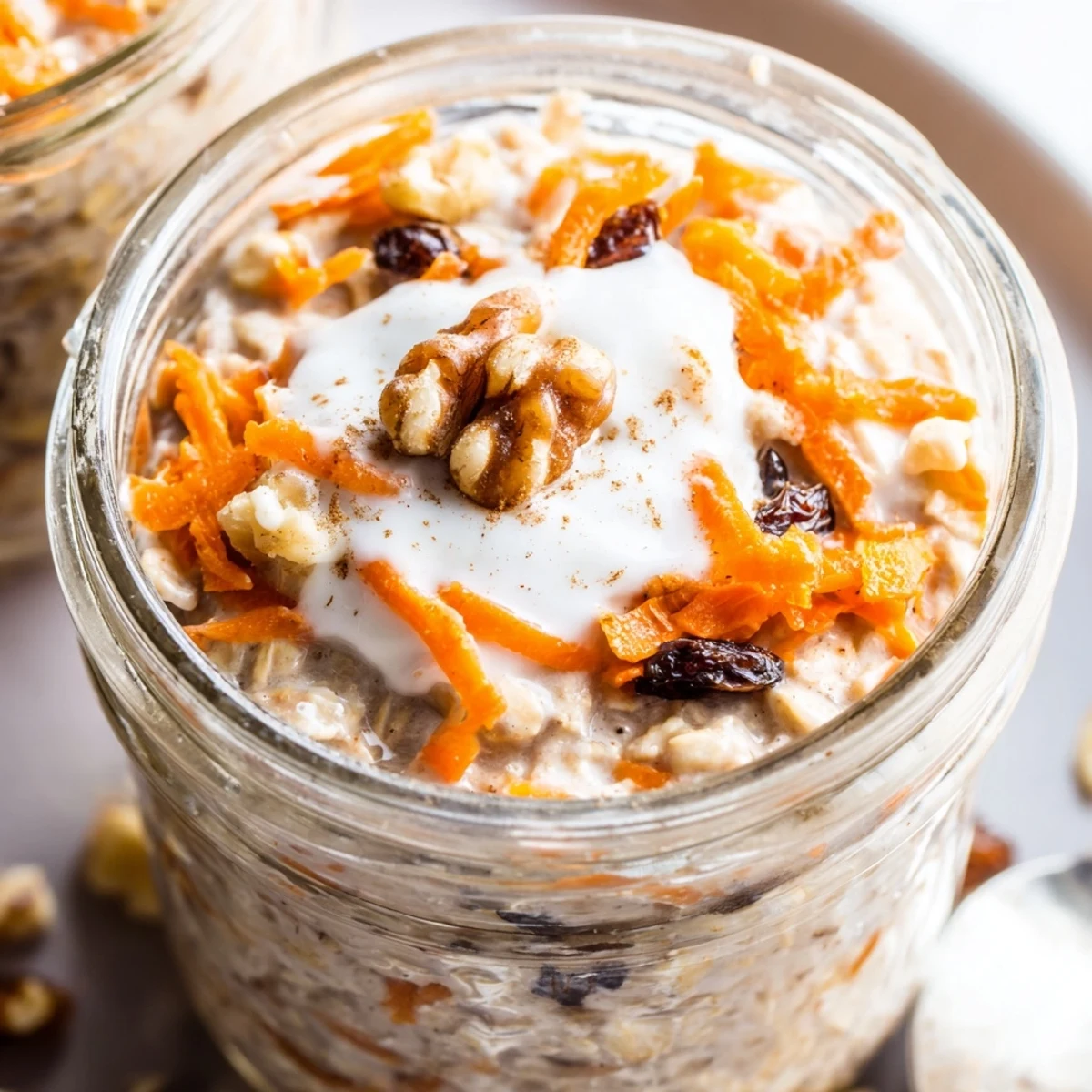 Creamy carrot cake overnight oats topped with crunchy walnuts and a sprinkle of cinnamon
