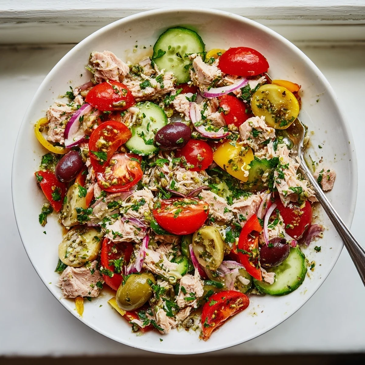 Mediterranean tuna salad in a white bowl with cherry tomatoes, olives, and fresh parsley
