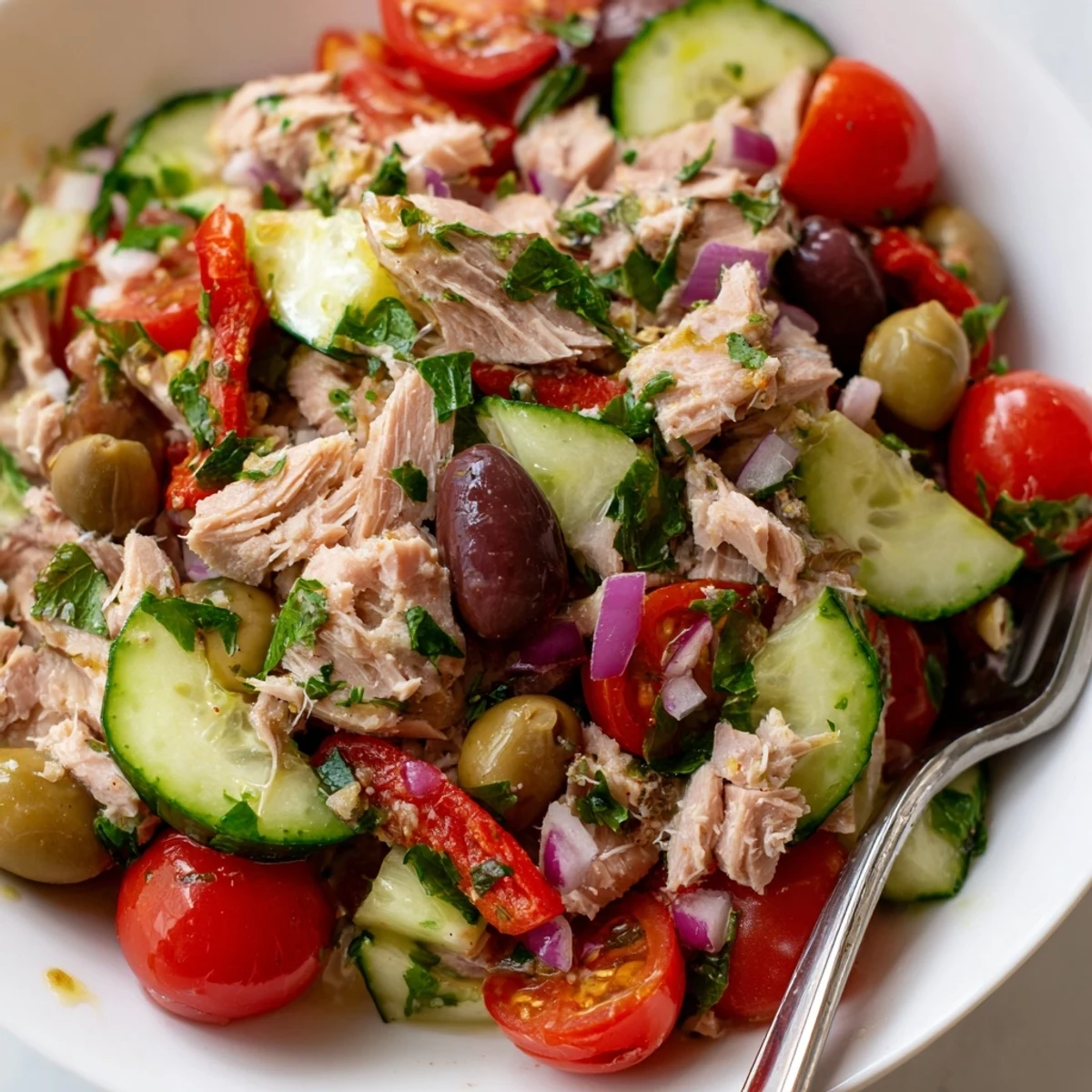 Colorful Mediterranean tuna salad featuring crisp cucumber, roasted red peppers, and zesty lemon dressing