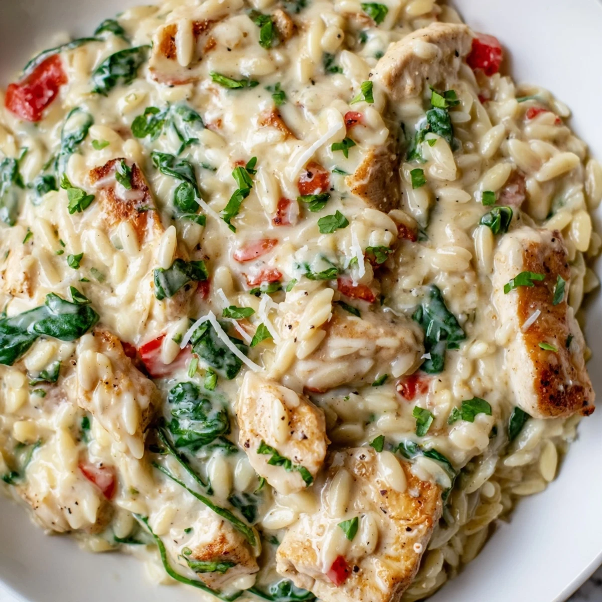 Creamy One Pot Cajun Chicken Alfredo Orzo served steaming in a rustic skillet