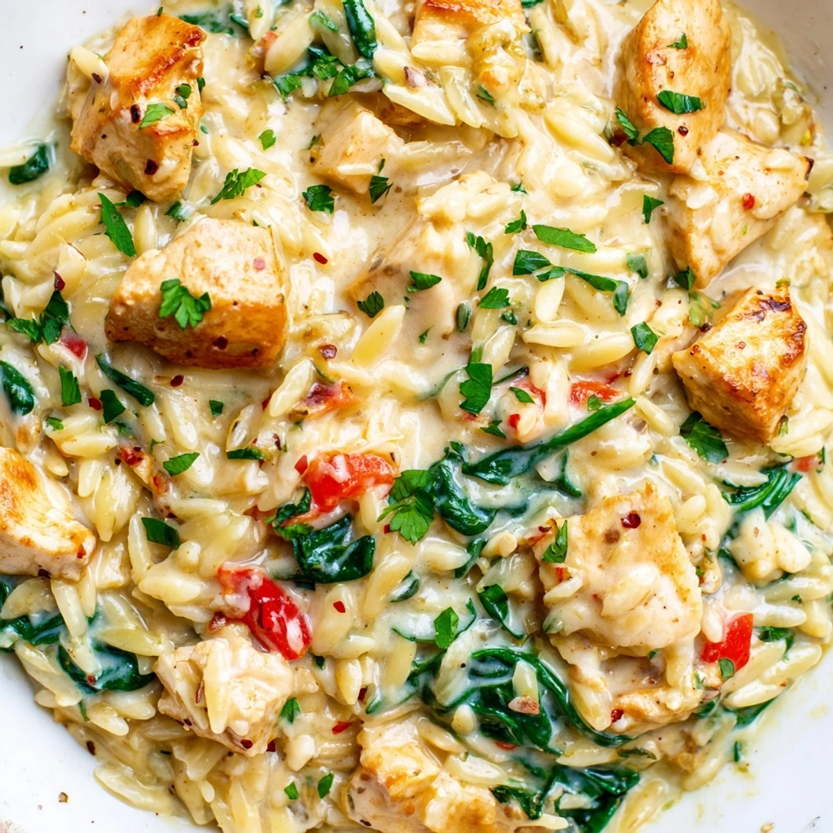 Golden seared chicken and tender orzo in spicy Cajun Alfredo cream sauce