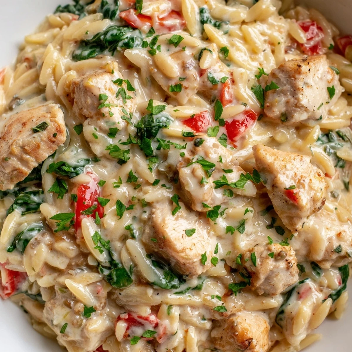 One Pot Cajun Chicken Alfredo Orzo topped with fresh parsley in a bowl