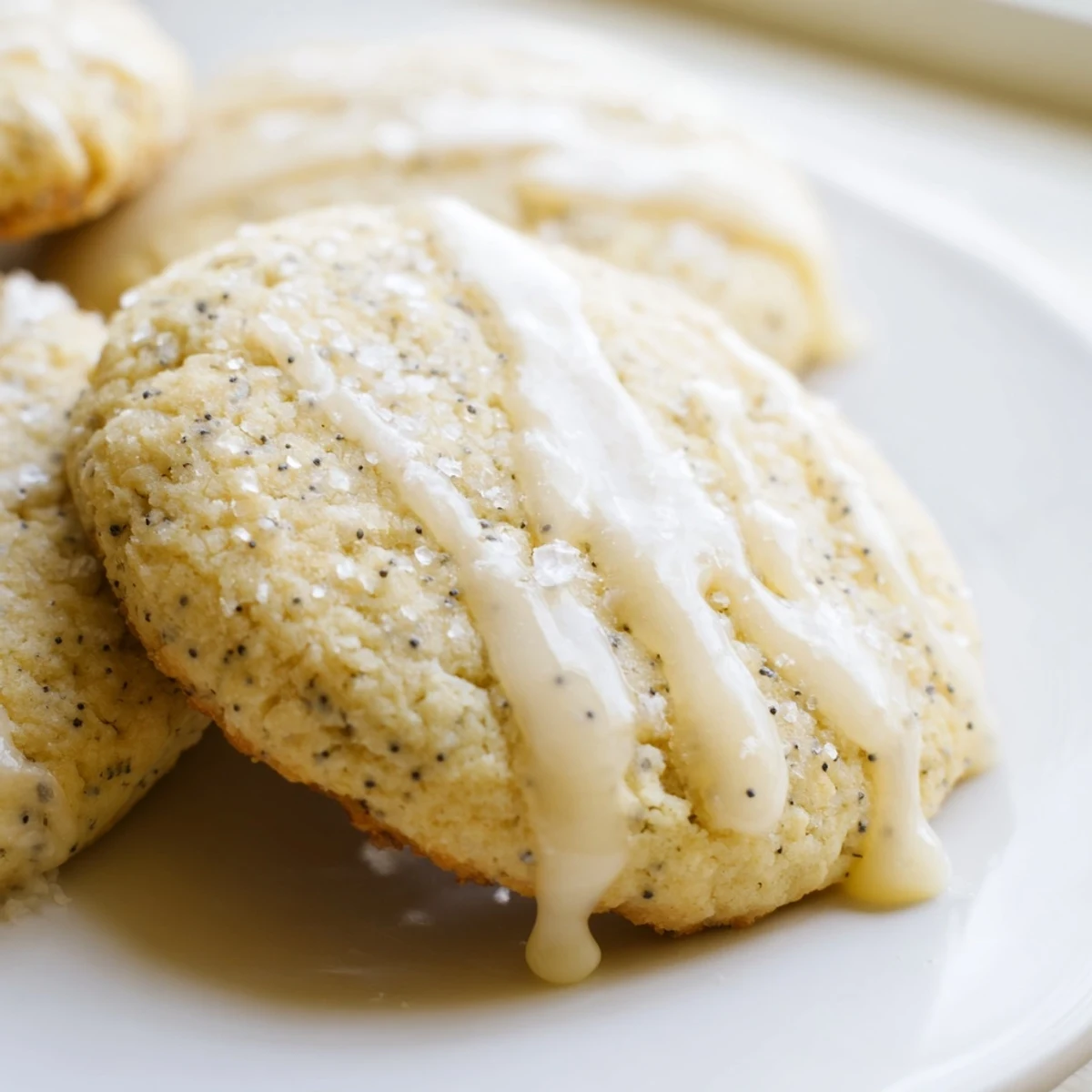 Golden lemon poppy seed cookies with crackly tops drizzled with sweet citrus glaze
