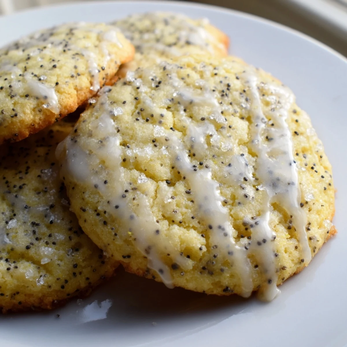 Chewy lemon poppy seed cookies speckled with tiny black seeds on rustic parchment