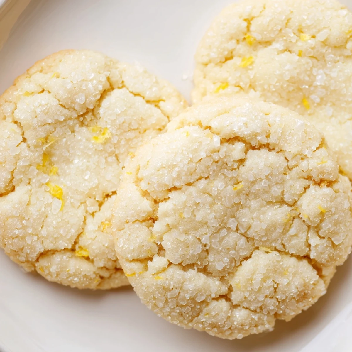 Chewy lemon sugar cookies arranged on a white plate with citrus zest garnish